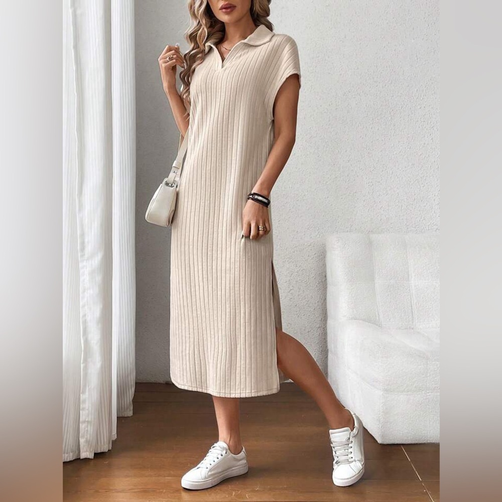 Beige Cream Ribbed Midi Dress - Picture 6 of 15